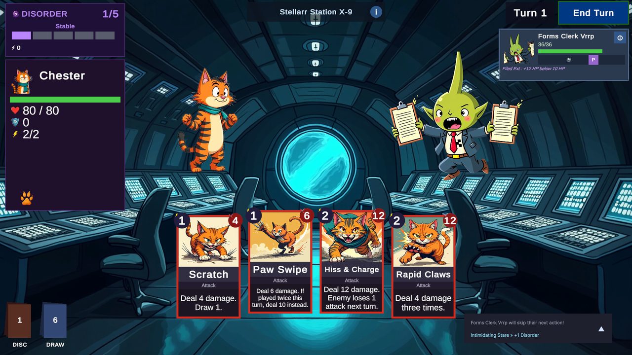 Combat on Stellarr Station: Chester the tabby facing a goblin clerk with a hand of four attack cards and a Disorder meter at top left.