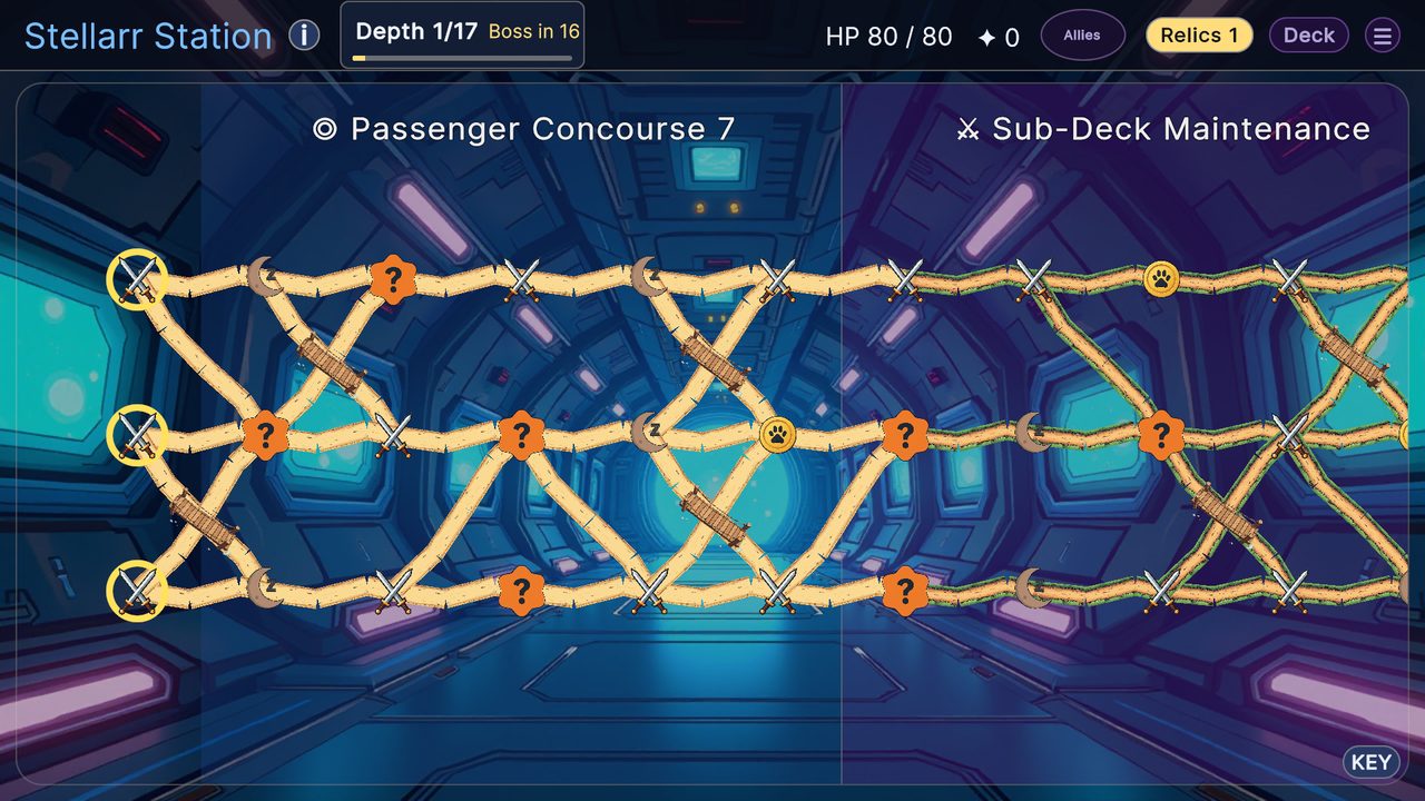 A branching node map through a space station corridor with fights, events, nap spots and shops.